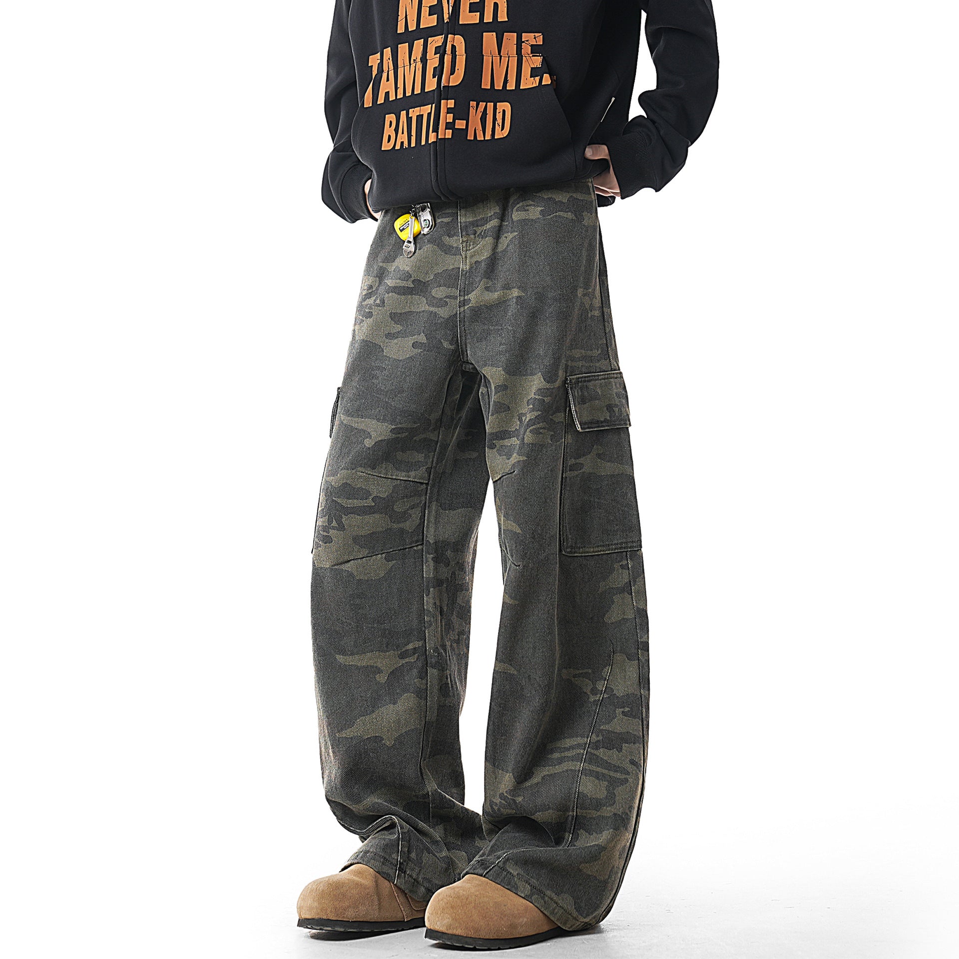 Vintage Green Camo Loose Straight-Leg Jeans with Multi Pockets