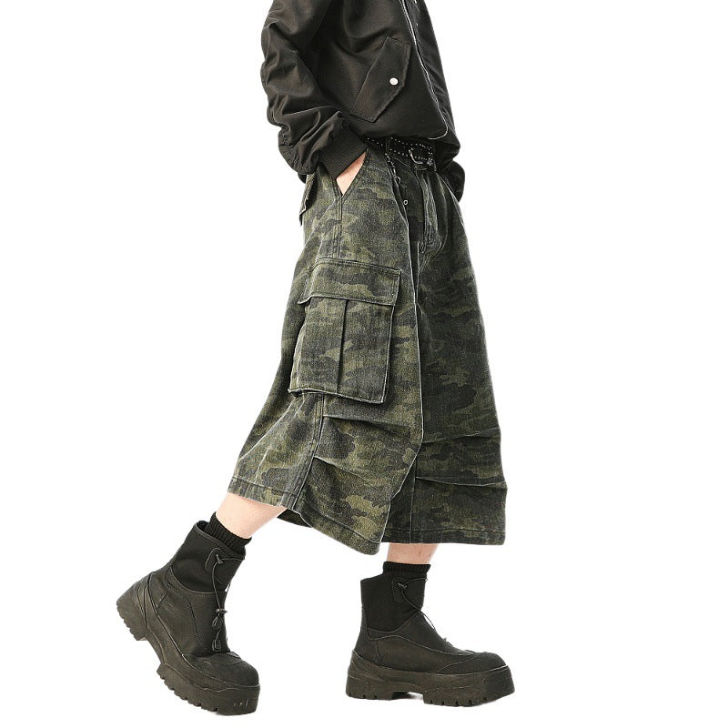 Camouflage Multi-Pocket Wide-Leg Cargo Shorts