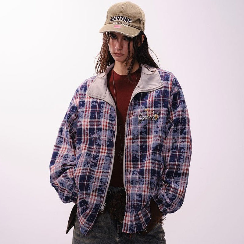 Retro Double-Sided Plaid Jacket with Floral Shadow Embroidery – Layered Look