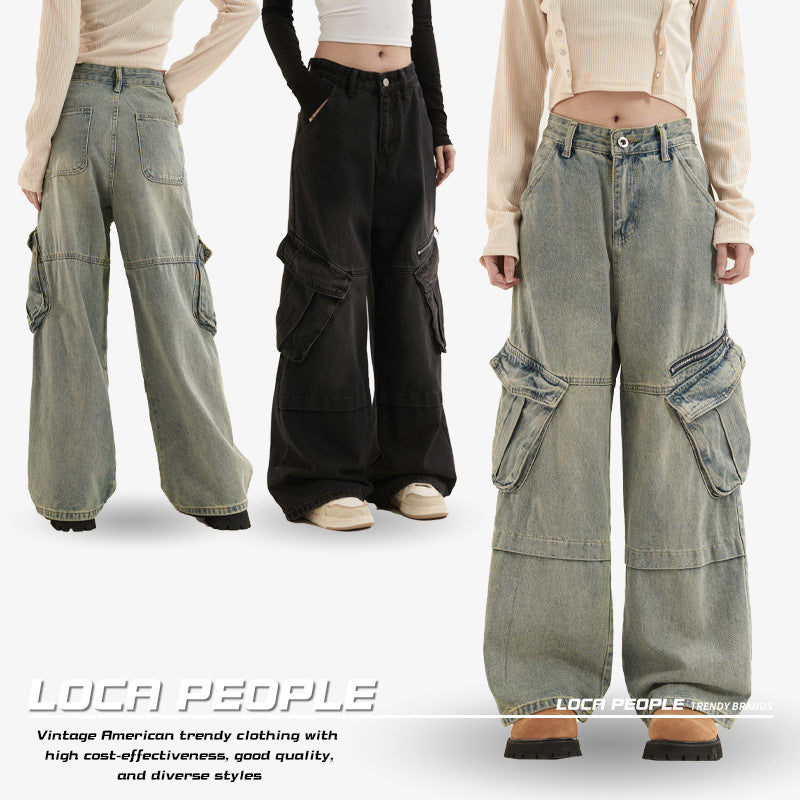 Vintage Washed Multi-pocket Utility Jeans