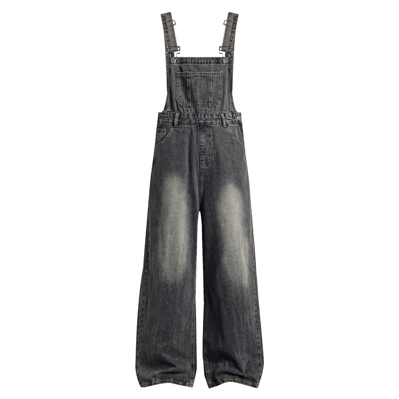 Lumberjack-Style Loose Denim Overalls with Wide Straight-Leg