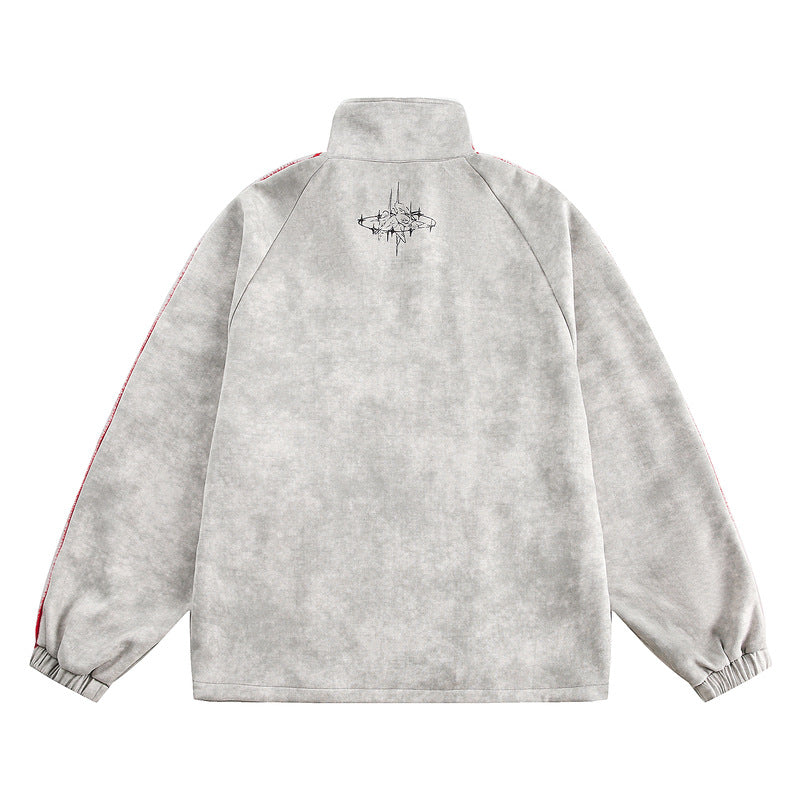 Vintage Distressed Suede Jacket with Contrast Panels and Striped Webbing – Hip-Hop Style