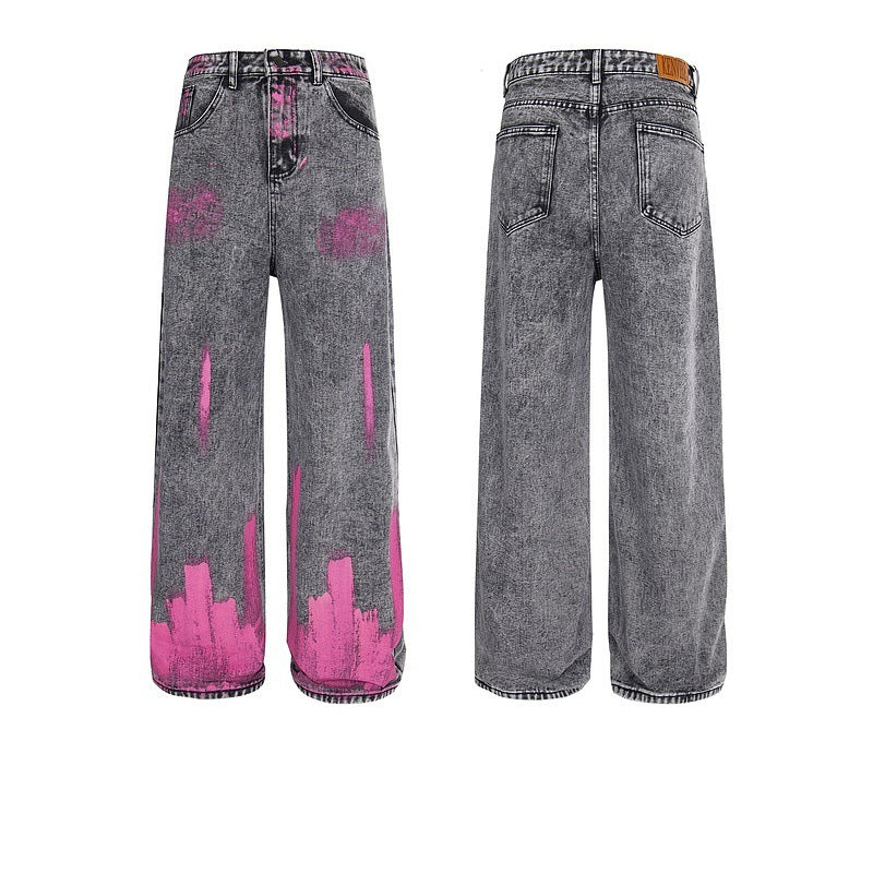 Pink Spray Paint Hip-Hop Vintage Denim Pants
