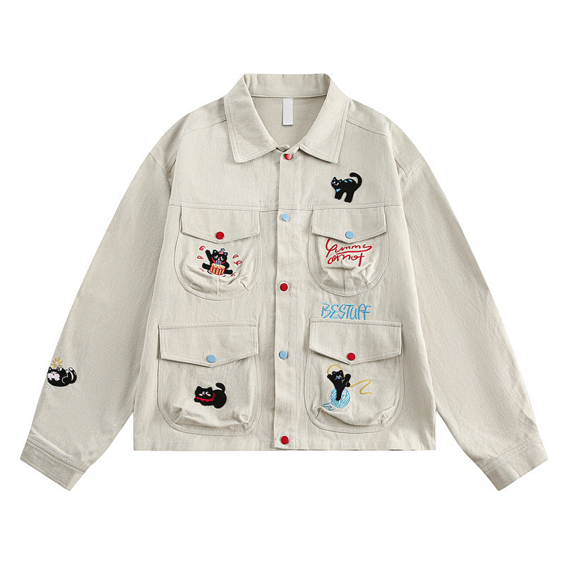Vintage Cat Embroidered Denim Jacket