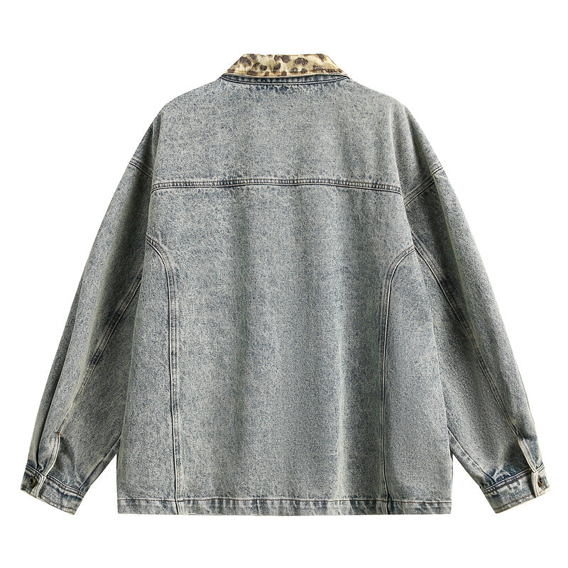 Retro Washed Leopard Print Loose Denim Jacket
