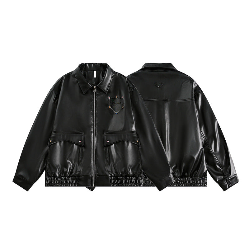 Loose Fit PU Biker Jacket – Rhinestone Accent