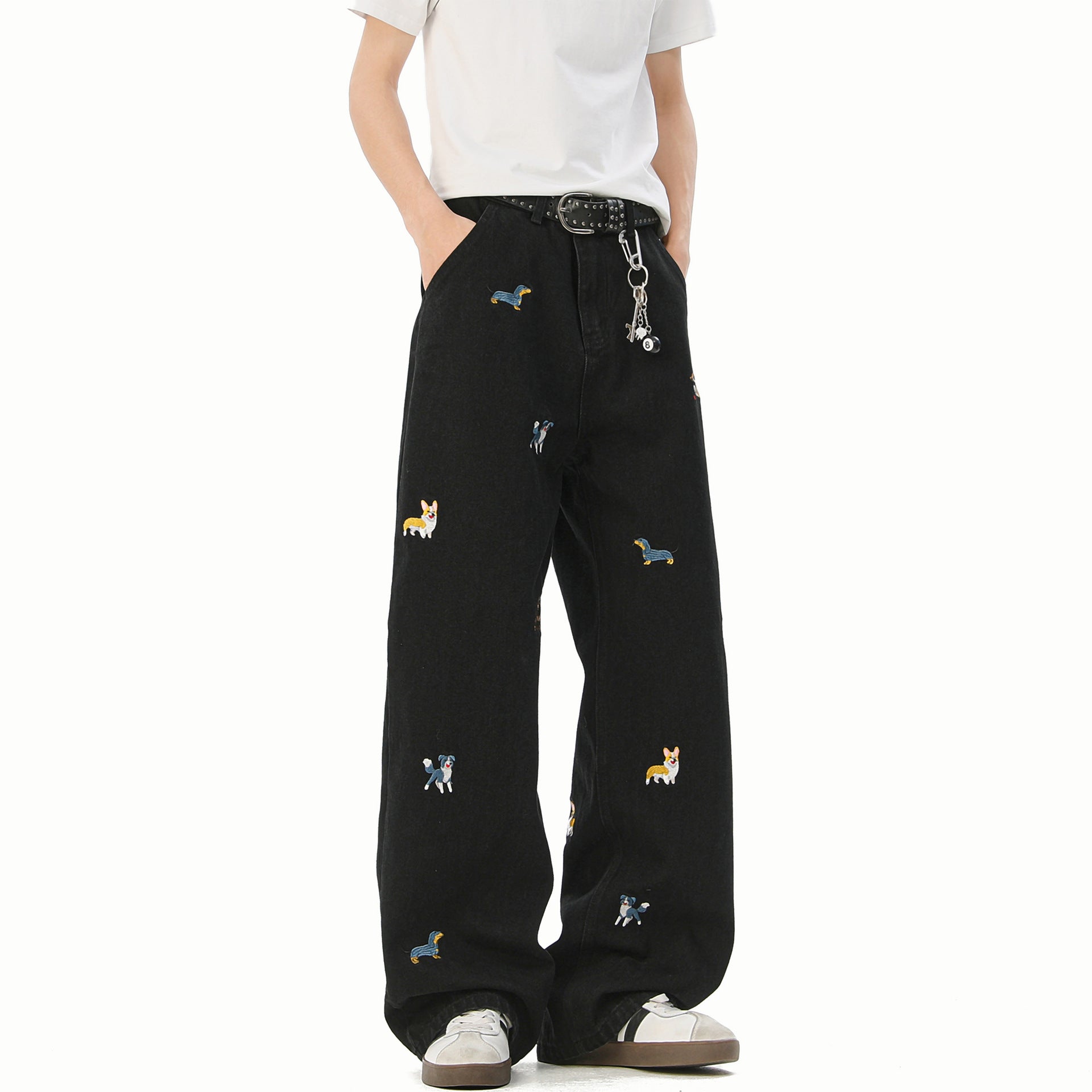 Embroidered Dog Line Art Flared Blade Jeans