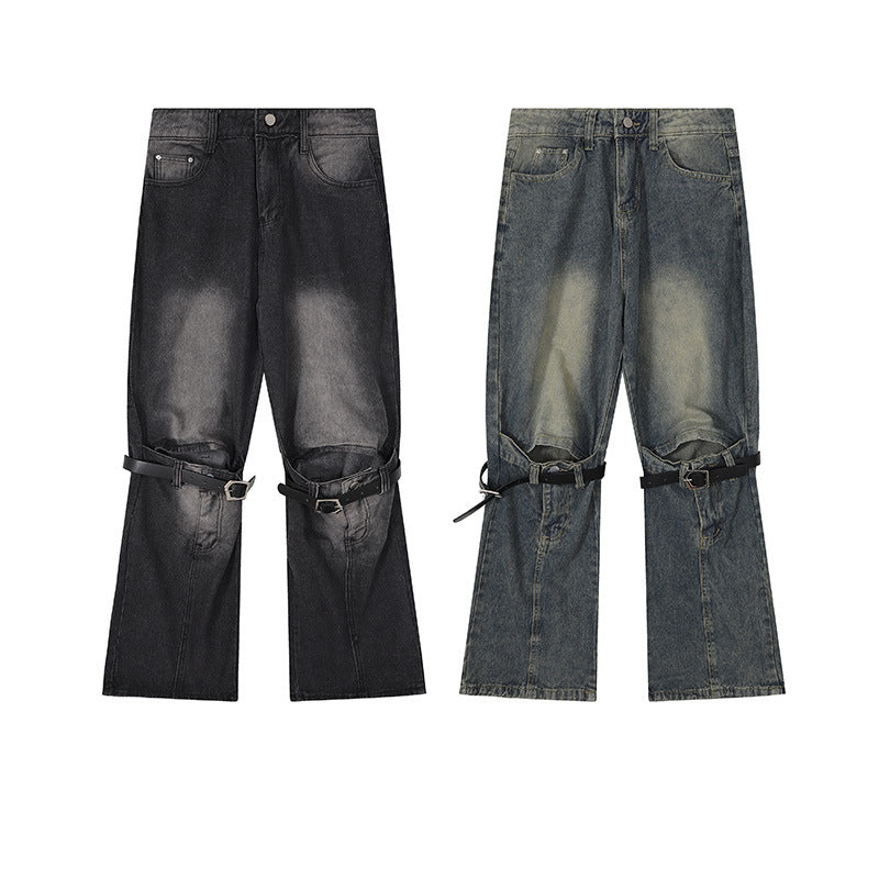 Loose Hip-Hop Ripped Knee Jeans with Belt Detail