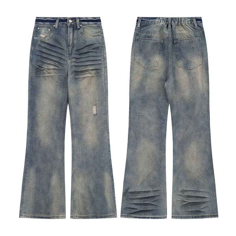 Vintage Washed Flared Jeans with Ruched and Distressed Details