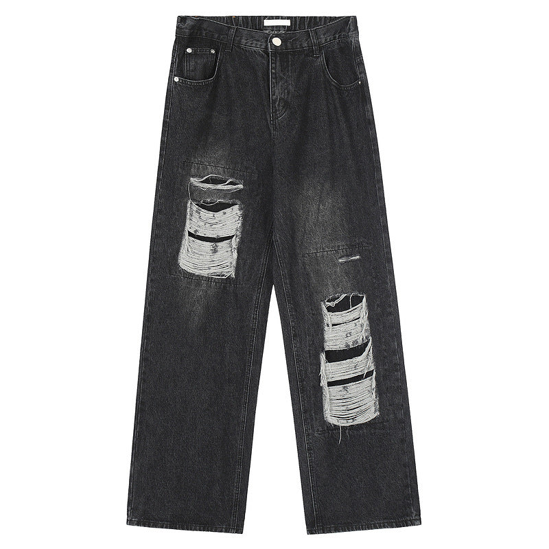 American Street Loose Wide-Leg Ripped Patchwork Jeans
