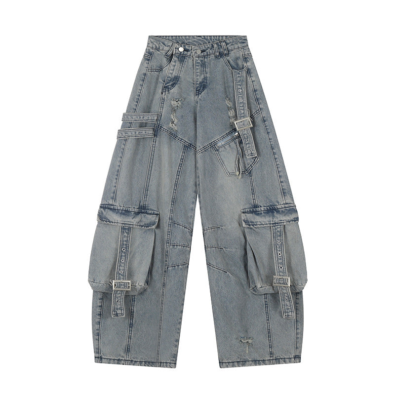 Hip-Hop Washed Patchwork Denim Work Pants