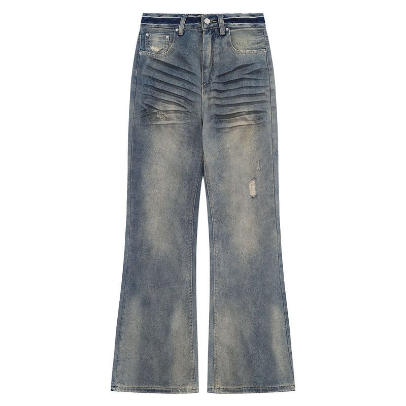 Vintage Washed Flared Jeans with Ruched and Distressed Details