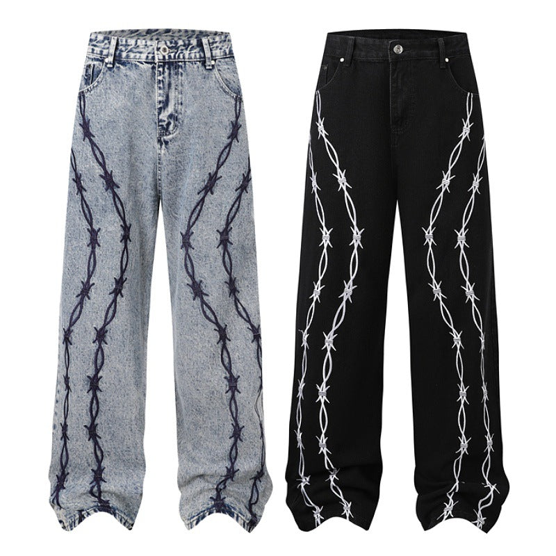 Embroidered Vibe-Style Wide-Leg Denim Pants