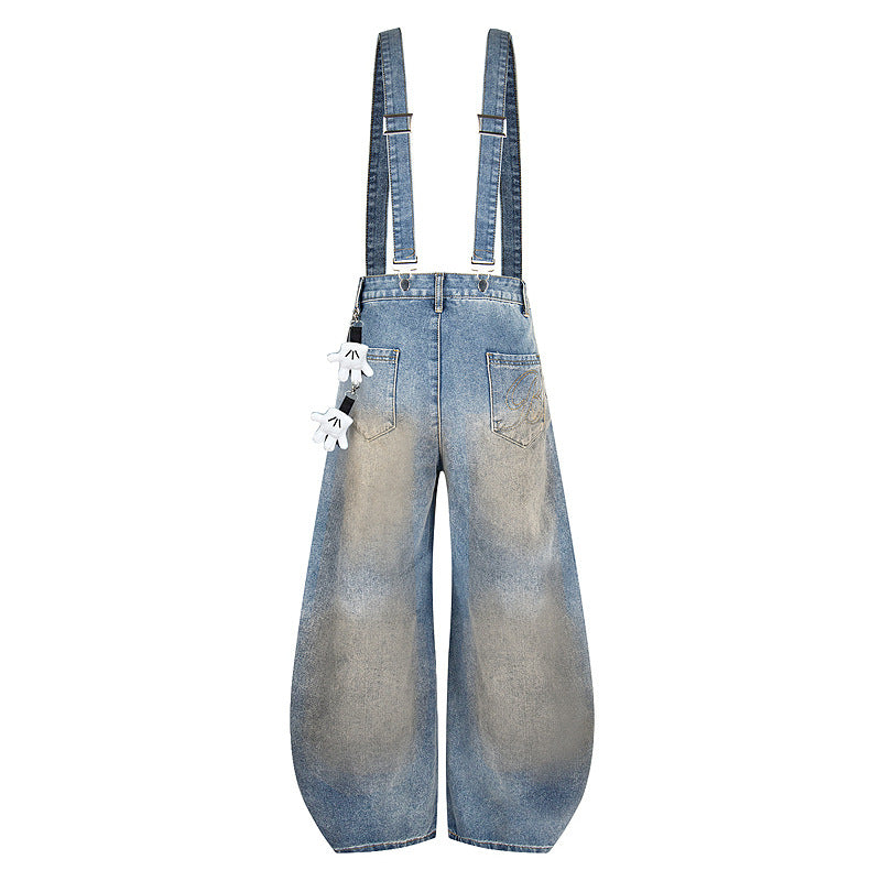 Vintage Washed Detachable Strap Jeans with Curved Cut