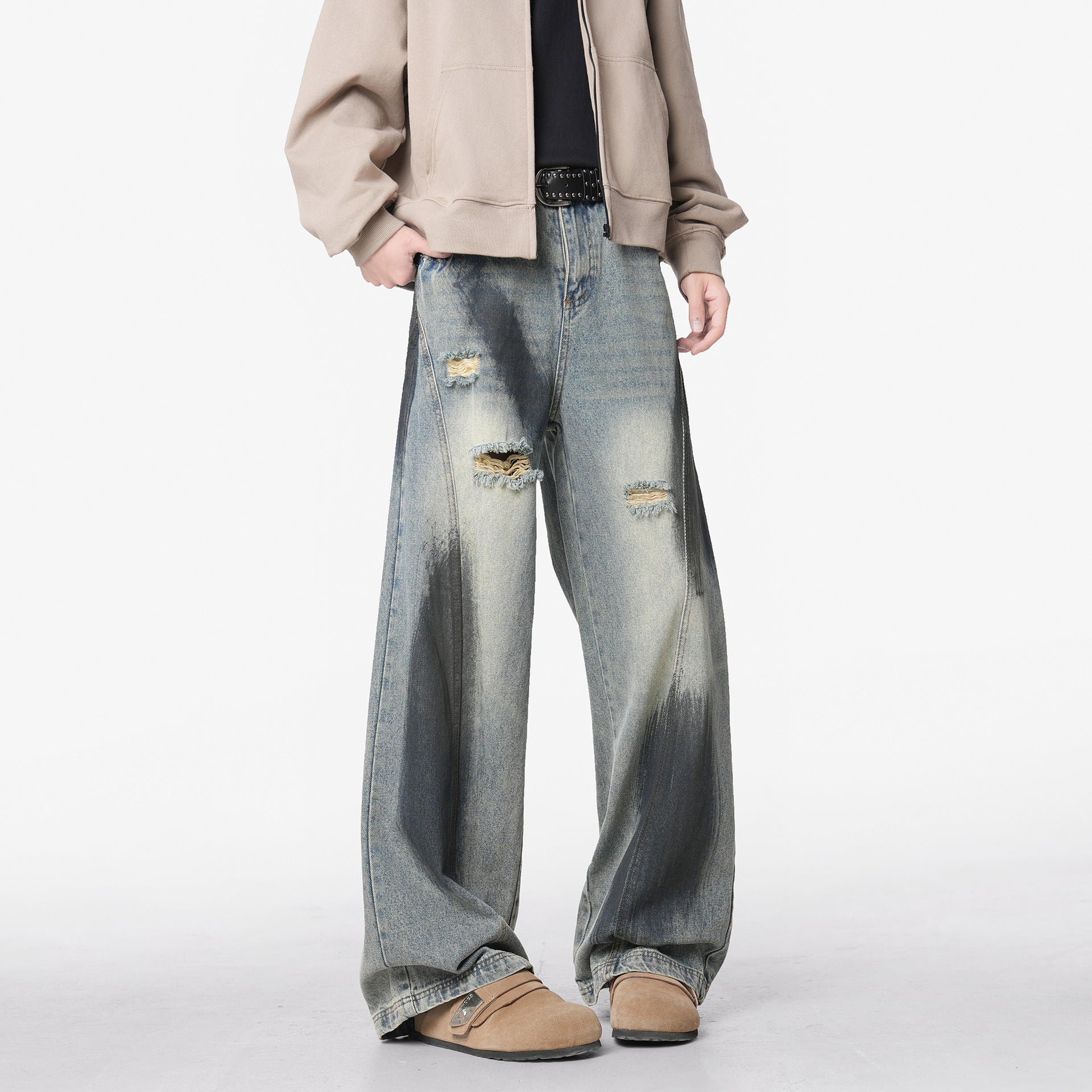 Graffiti Distressed Wide-Leg Streetwear Jeans with Curved-Cut Hem