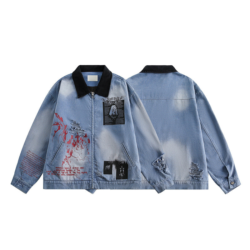 Vintage Graffiti Ripped Denim Jacket – Hip-Hop Style