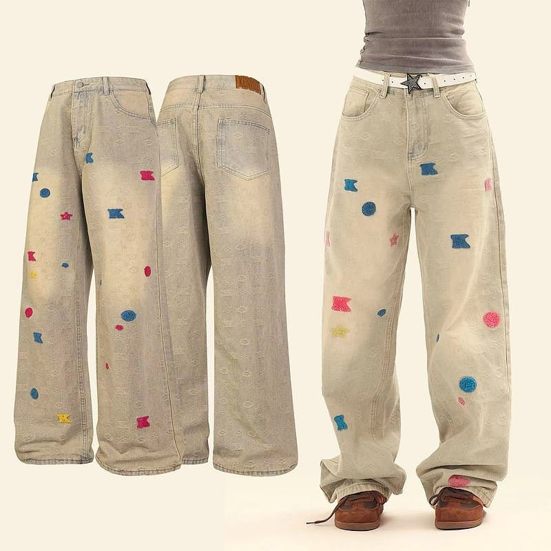 Washed Mud-Dyed Embroidered Loose Straight Micro-Flare Jeans