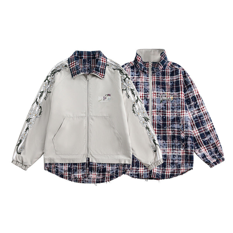 Retro Double-Sided Plaid Jacket with Floral Shadow Embroidery – Layered Look