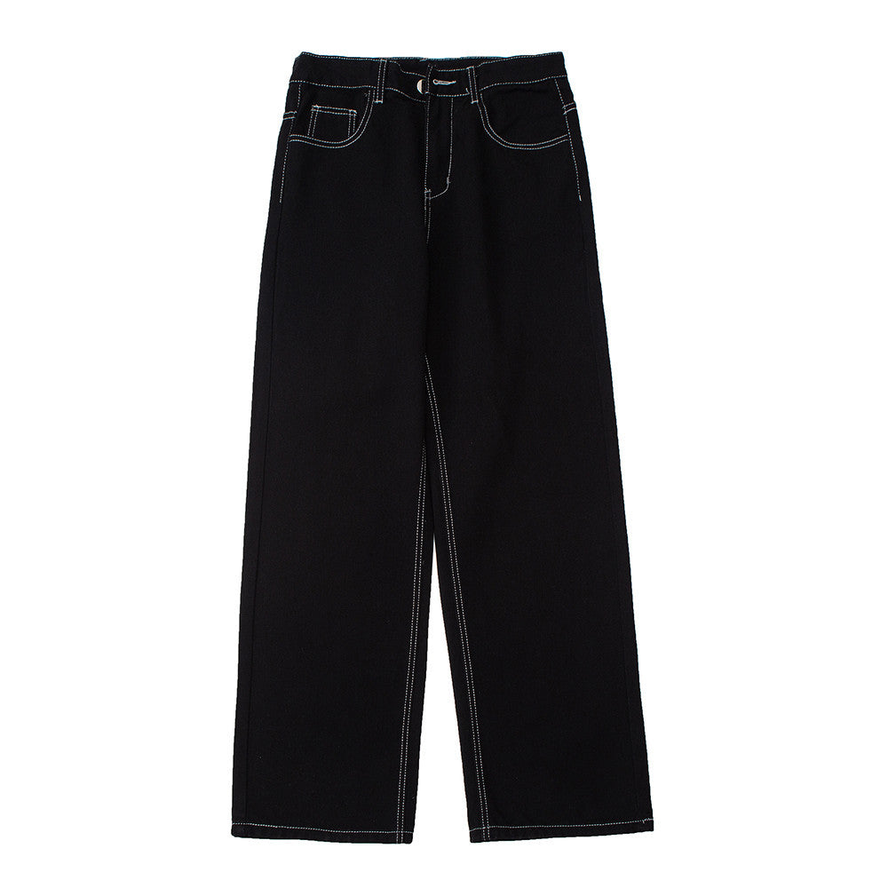 Flame Embroidery Straight-Leg Jeans with Contrast Stitching