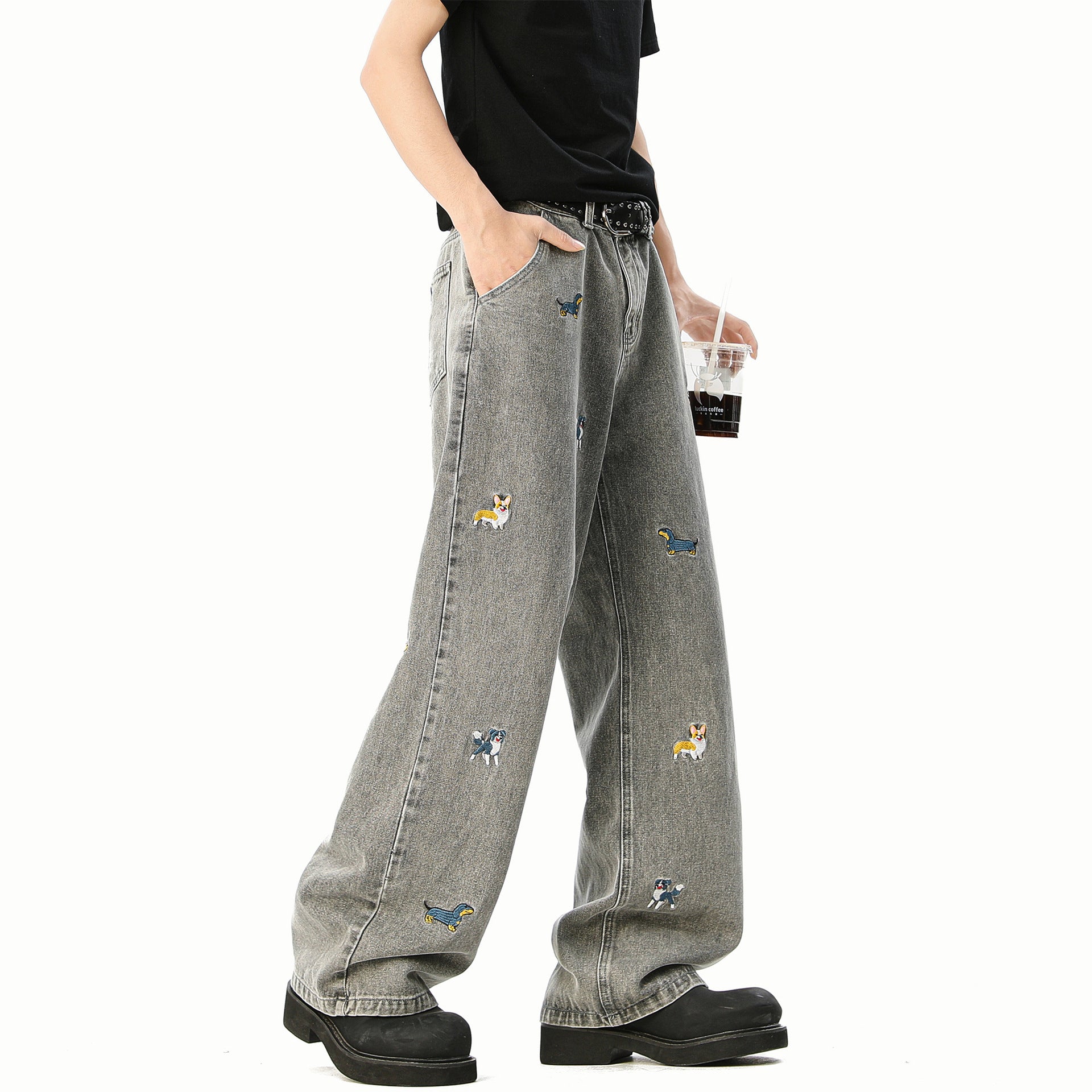 Embroidered Dog Line Art Flared Blade Jeans