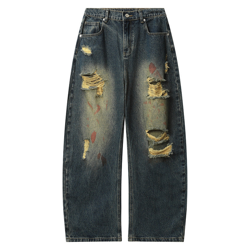 Vintage Distressed Wasteland-Style Loose Straight-Leg Ripped Jeans