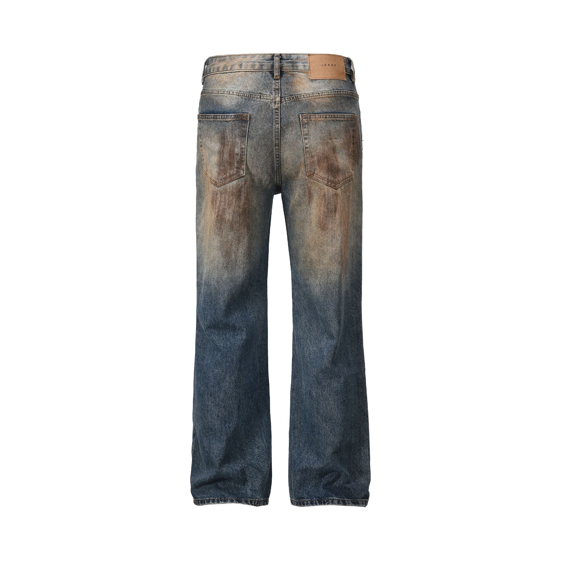 High-Street Distressed Mud-Dyed Vintage Washed Straight-Leg Jeans