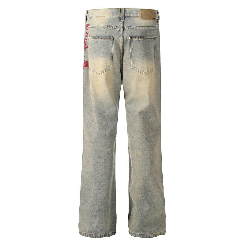 Cleanfit Red Embroidered Flare Washed Denim Jeans – Black 8 Design