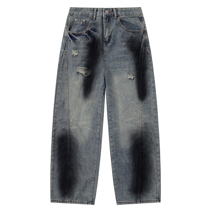 Vintage Distressed Straight-Leg Wide Jeans with Curved Slit Cut