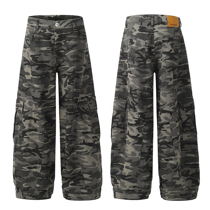 Camouflage Wide-Leg Denim Cargo Pants with Curved Cut