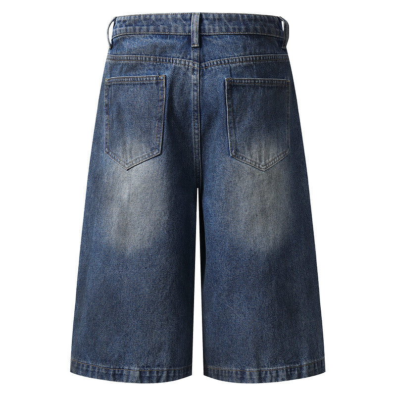 Loose Fit Ripped Denim Shorts with Camouflage Patchwork