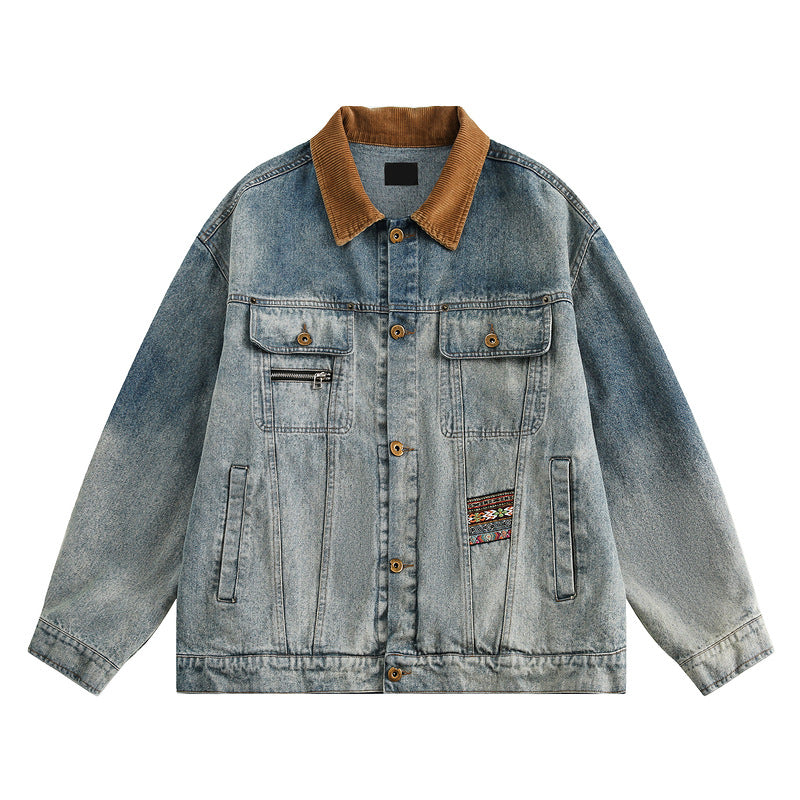 Retro Patchwork Washed Denim Jacket with Turn-down Collar