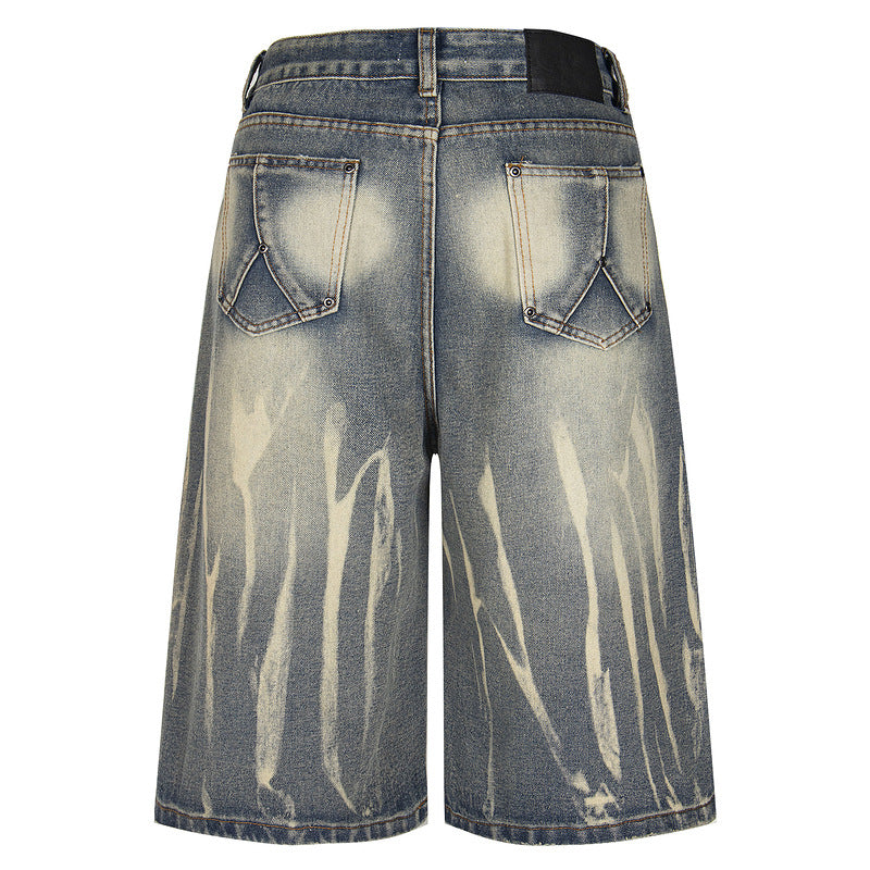 Vintage Lightning Print Wide-Leg Denim Shorts