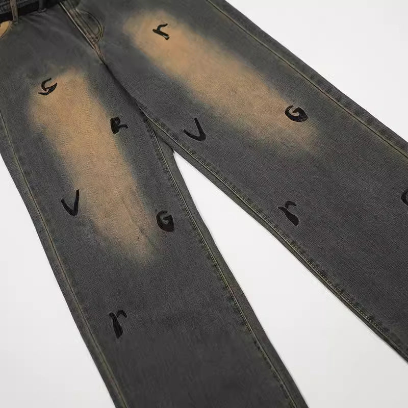 Retro Embroidered Letter Denim Wide-Leg Pants