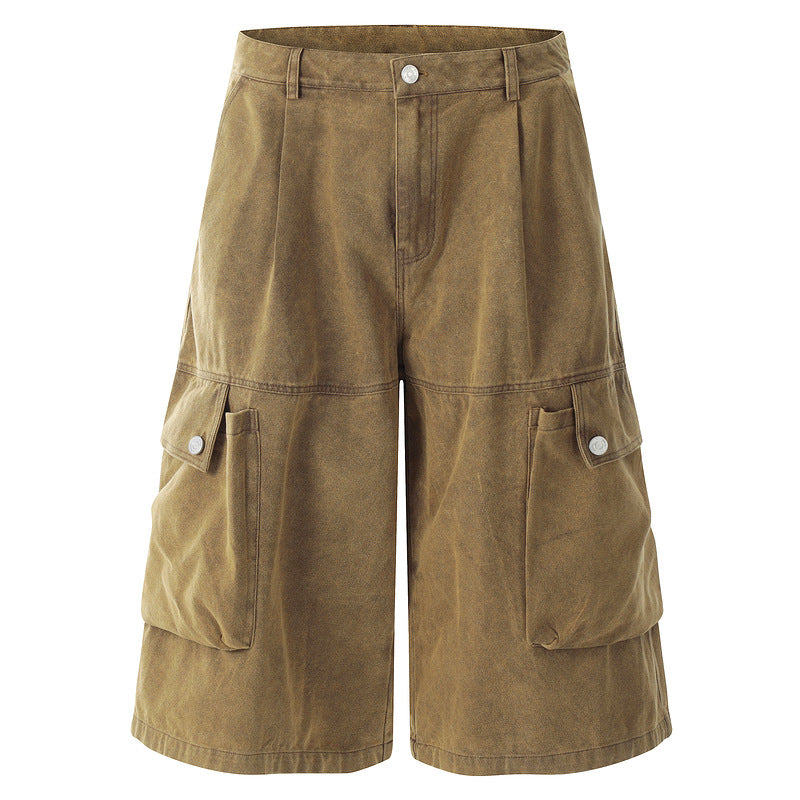 Vintage Washed Straight-Leg Cargo Shorts with Pocket Detail