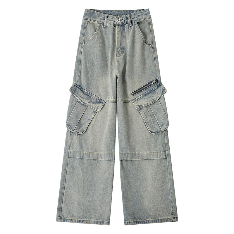 Vintage Washed Multi-pocket Utility Jeans