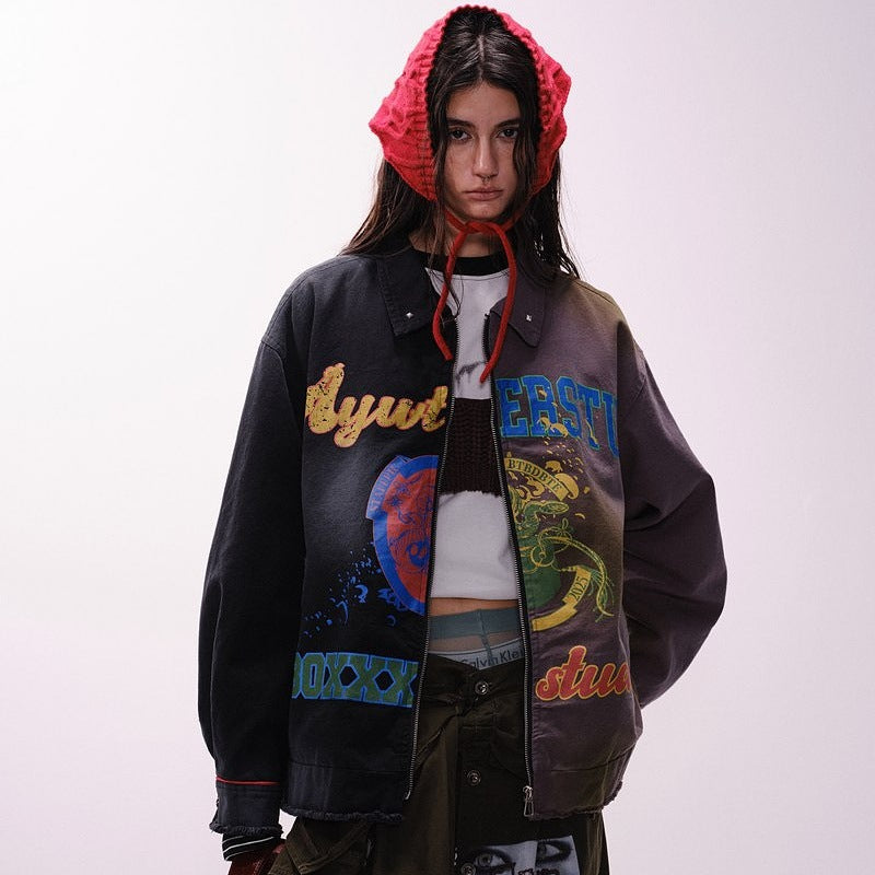 Vintage-Inspired Graffiti Patchwork Loose-Fit High-Density Cotton Jacket