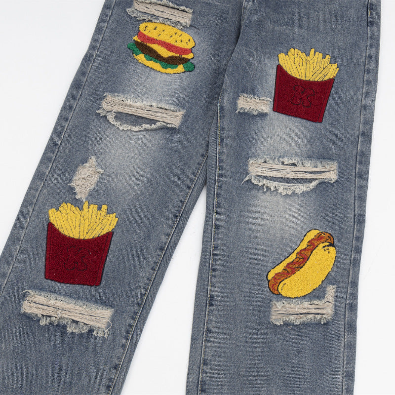 Vintage Washed Loose Jeans with French Fries Patch