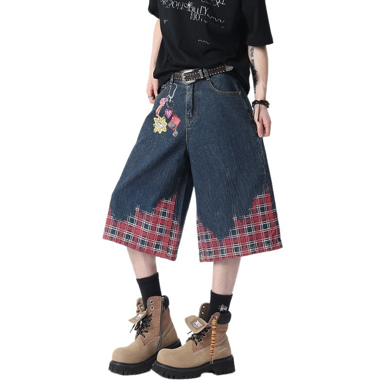 Distressed Plaid Patchwork Vintage Denim Shorts