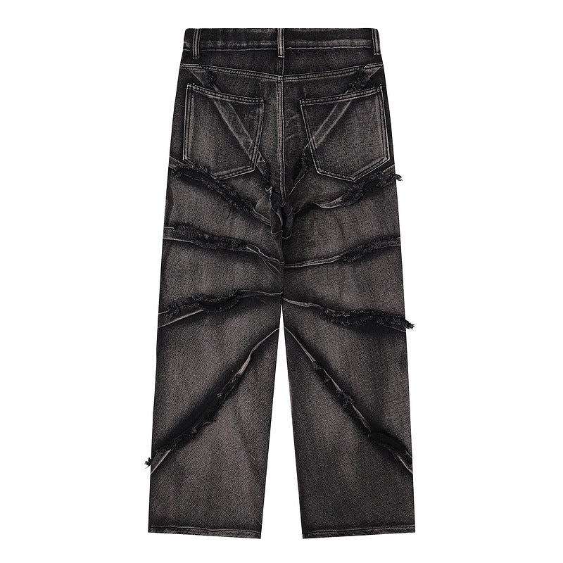 Heavy Washed Flared Jeans with Raw Hem and Stone Finish