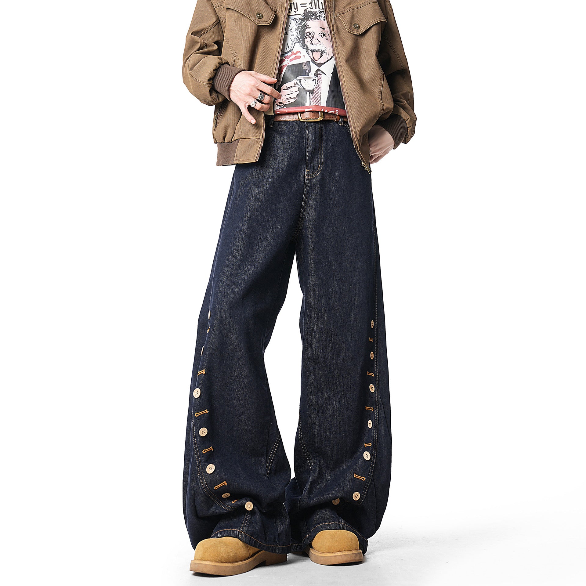 High Street Buttoned Wide-Leg Denim Pants