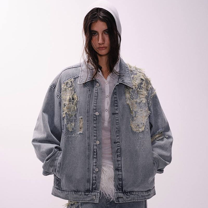 Ripped Patchwork Washed Denim Loose Jacket