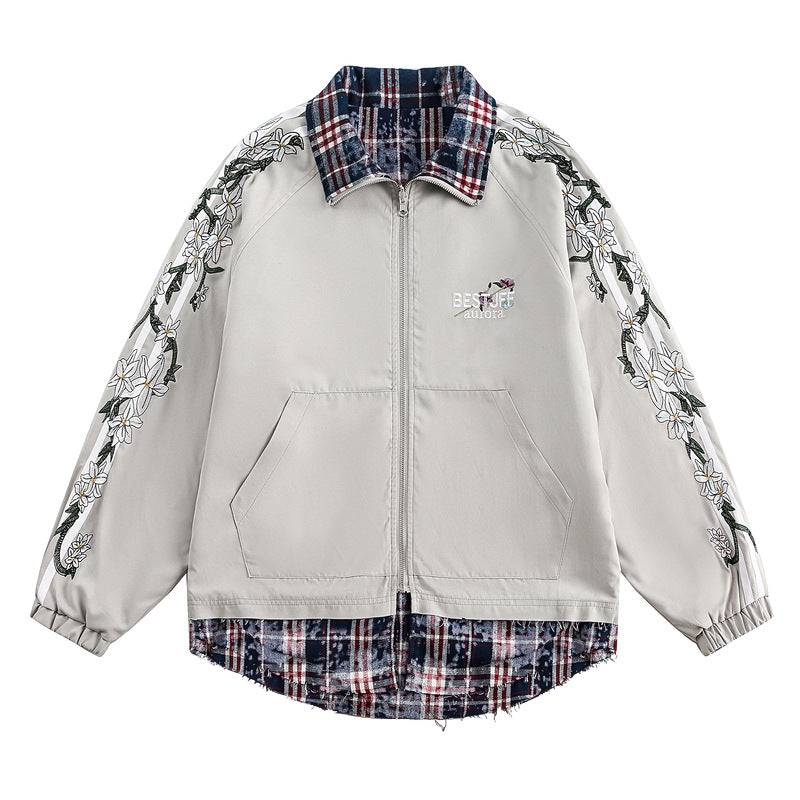 Retro Double-Sided Plaid Jacket with Floral Shadow Embroidery – Layered Look