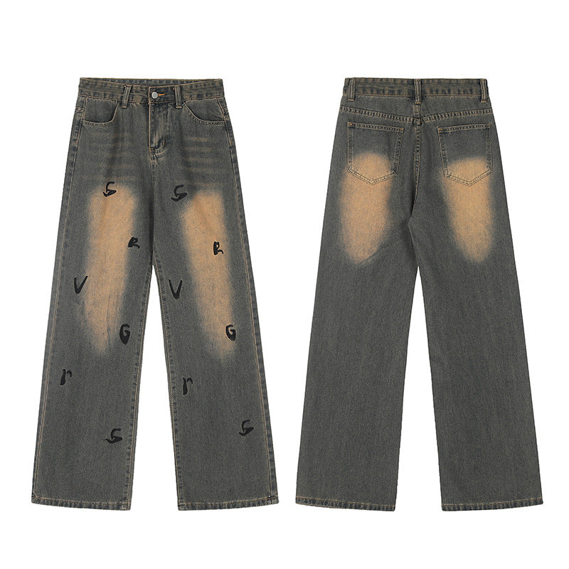 Retro Embroidered Letter Denim Wide-Leg Pants