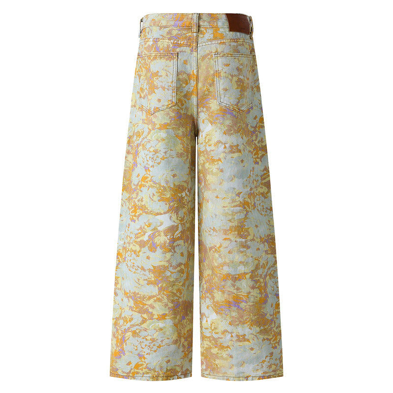 Vintage Printed High-Waist Wide-Leg Jeans
