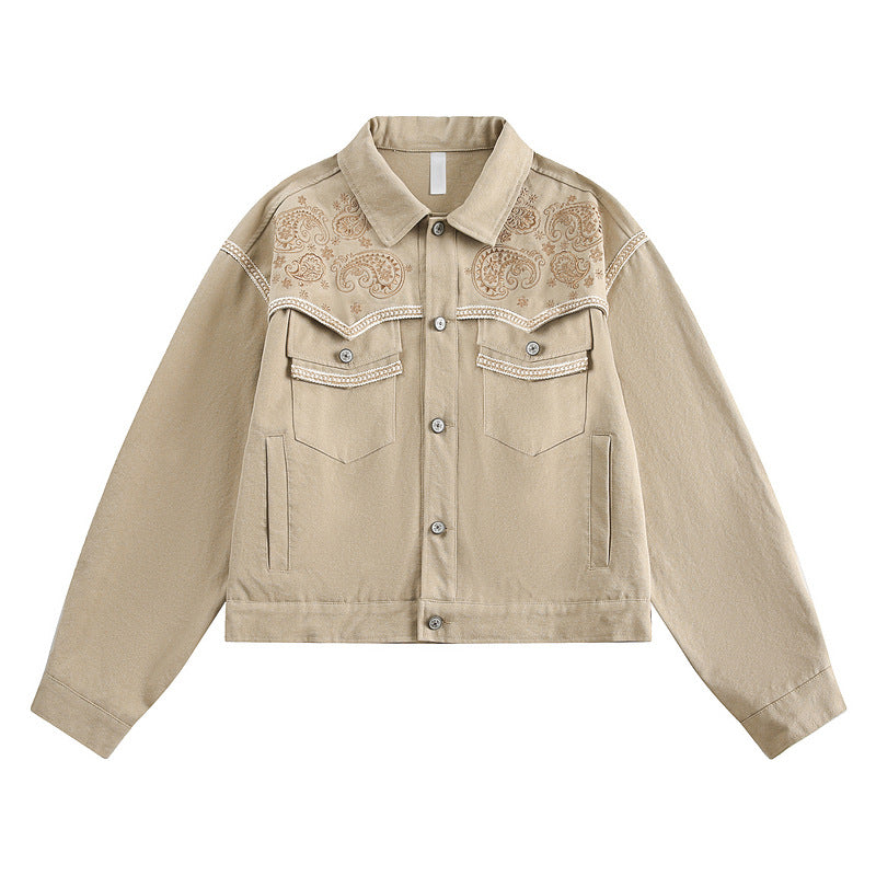 Short Embroidered Denim Jacket – Vintage Mocha Look