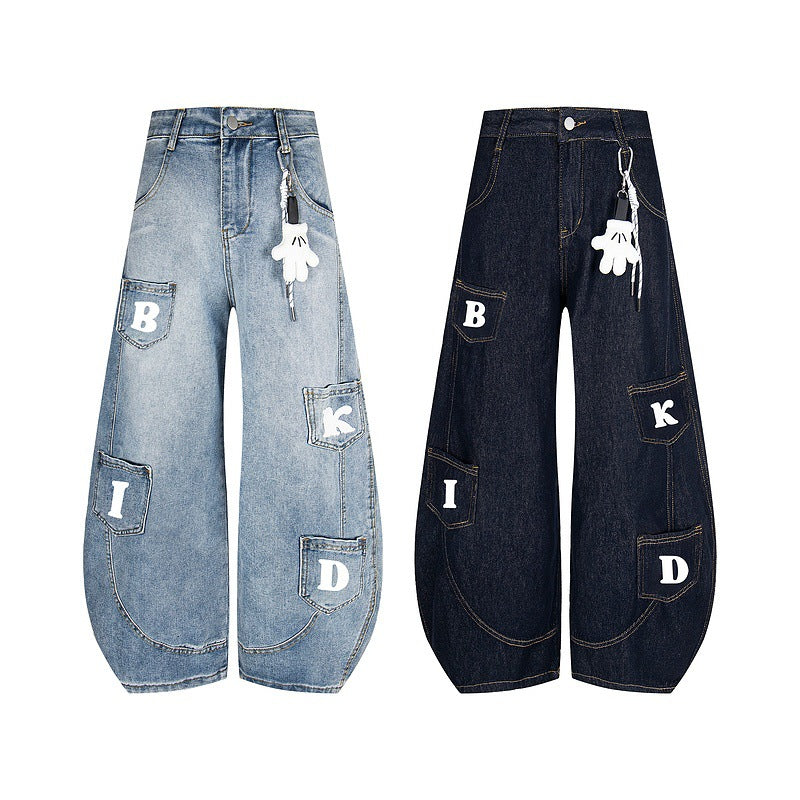 Vintage Wide-Leg Embroidered Jeans with Multi-Pockets