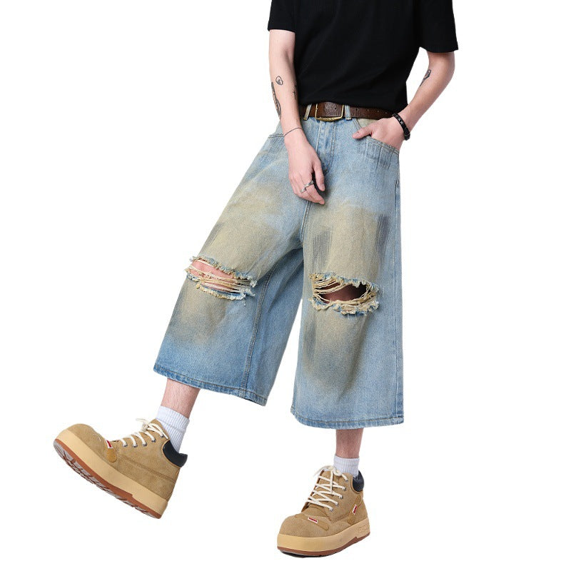 Vintage Mud-Dyed Ripped Denim Shorts