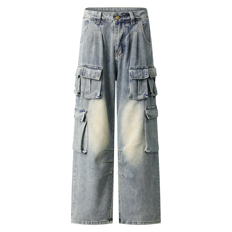 Vintage Multi-pocket Washed Utility Straight-Leg Jeans