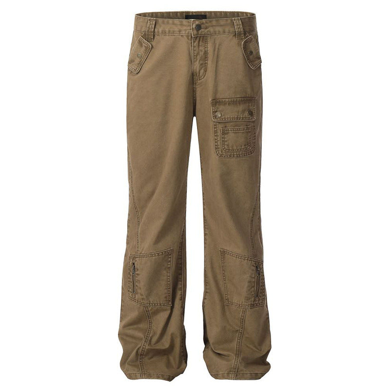 Vintage Flared Washed Utility Pants with Multi-Pocket Patchwork