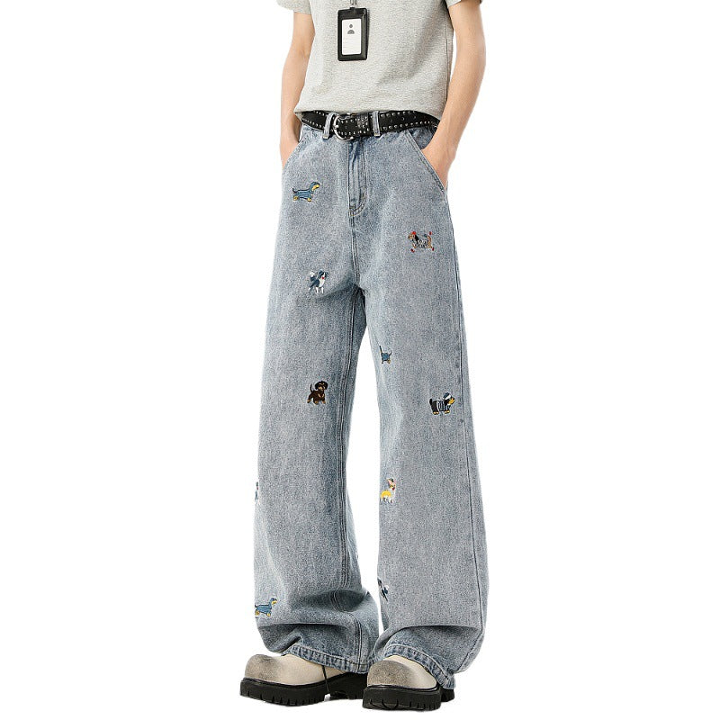 Embroidered Dog Line Art Flared Blade Jeans